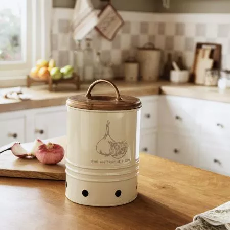 egg shell metal onion storage bin with wooden lid